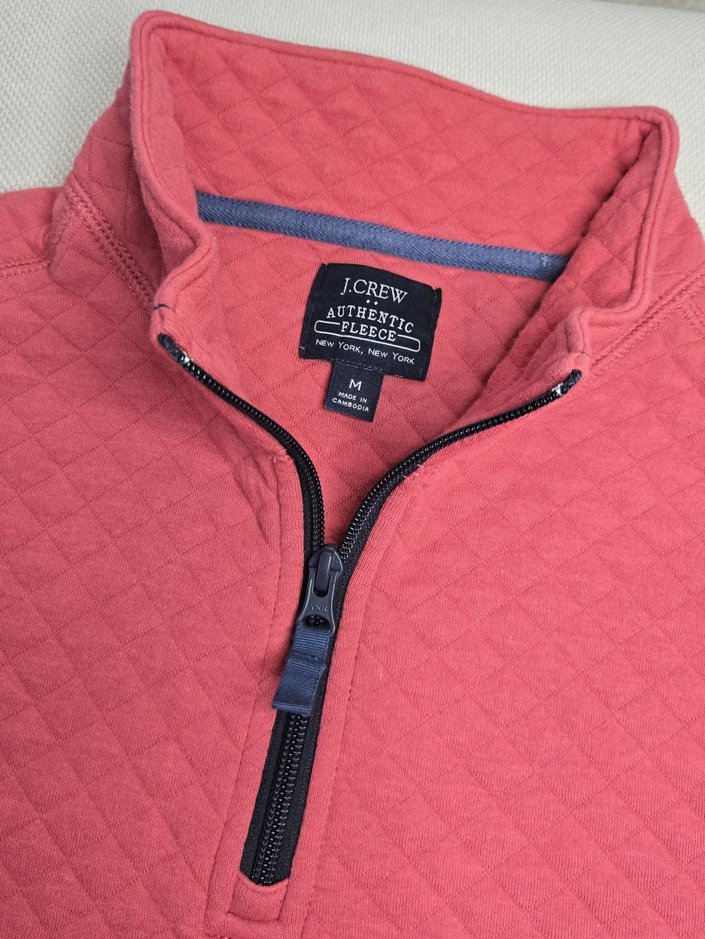 J. Crew Authentic Fleece Medium Pullover Zip Sweater Salmon Quilted Mock Neck